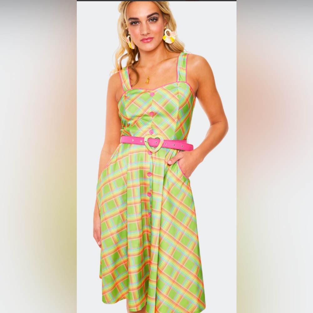 💖Voodoo Vixen Vintage Plaid Dress Heart Belt Green Pink Size M - Picture 3 of 12